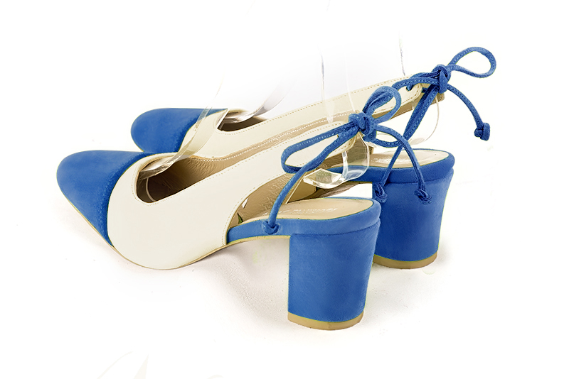 Electric blue and off white women's slingback shoes. Round toe. Medium block heels. Rear view - Florence KOOIJMAN